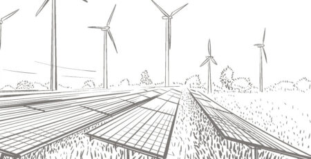Zeichnung von Windenergieanlagen und PV-Anlagen auf einem Feld