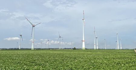 Windräder am Horizont in der Mecklenburgischen Seenplatte
