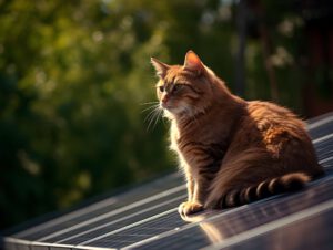 Solaranergie und Haustiere - ein gutes Team. Hier sitzt Katze auf einem Solarmodul