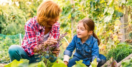 Ältere Dame mit Kind vor Kräutern im Beet