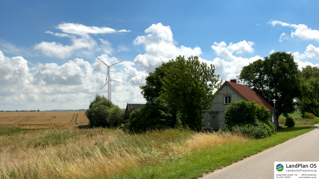 Wohnhaus mit Blick nach Osten mit geplanten Windkraftanlagen, die mit augmented reality visualisiert wurden