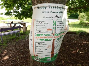Baum mit Infoschild zur CO2 Einsparung