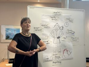 Eine Frau zeigt die Positionierung als Moderatorin im Workshop Konfliktmoderation in Kommunen